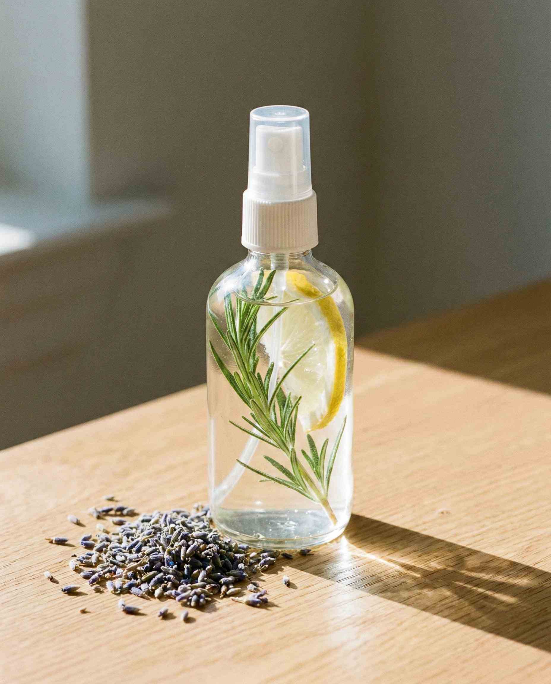 Clear glass spray bottle containing a transparent facial mist with fresh lemon and herbs, demonstrating the high clarity of Polysorbate 20 solubilizer.