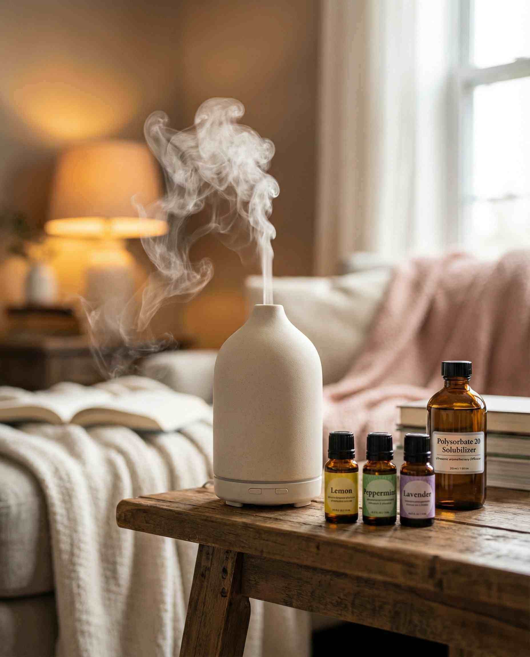 Ultrasonic aromatherapy diffuser emitting cool white mist, placed next to essential oil bottles and Polysorbate 20 solubilizer for home fragrance blends.