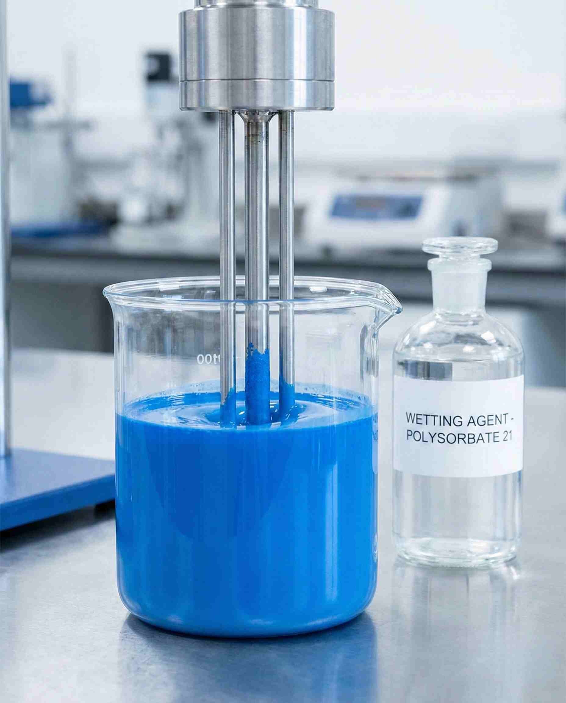 Uniform blue pigment dispersion in a laboratory beaker, highlighting the stabilizer and dispersant capabilities of Polysorbate 21 for industrial coatings and inks.