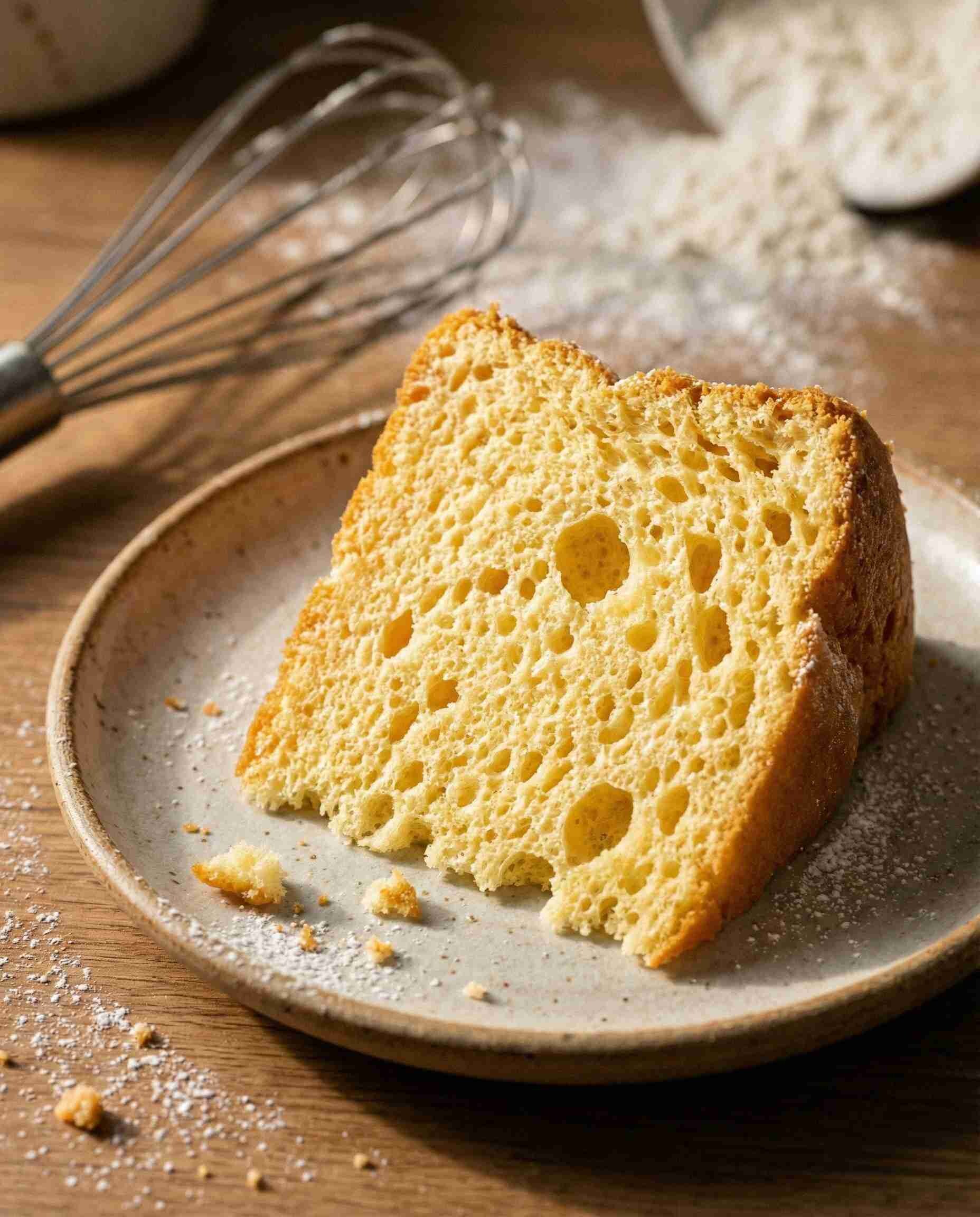 Close-up of a golden sponge cake with an airy, fluffy crumb texture, demonstrating the volume-enhancing properties of Polysorbate 40 emulsifier in bakery.