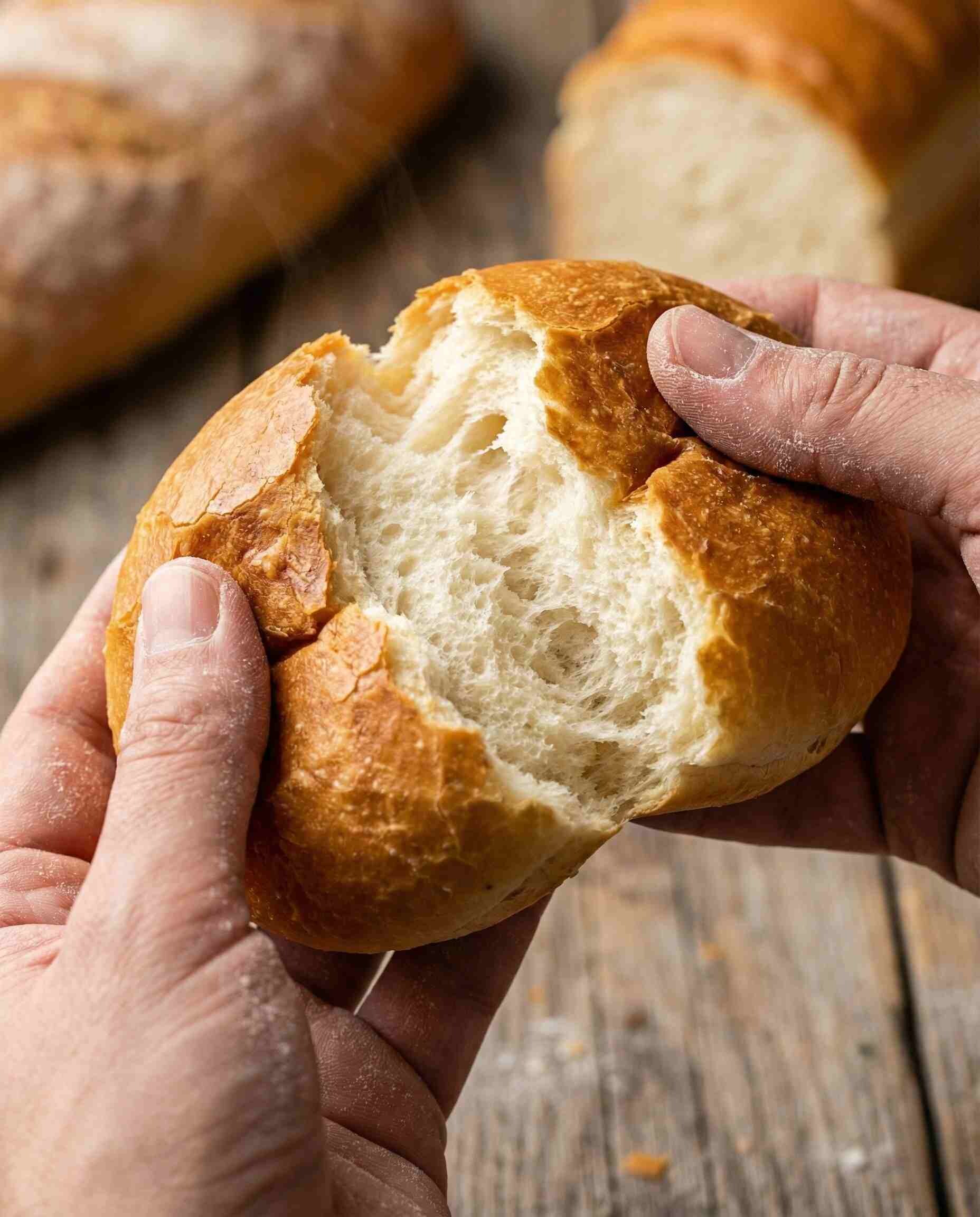 Hands tearing open a soft, fluffy burger bun, demonstrating the crumb-softening and anti-staling effects of Polysorbate 60 emulsifier.