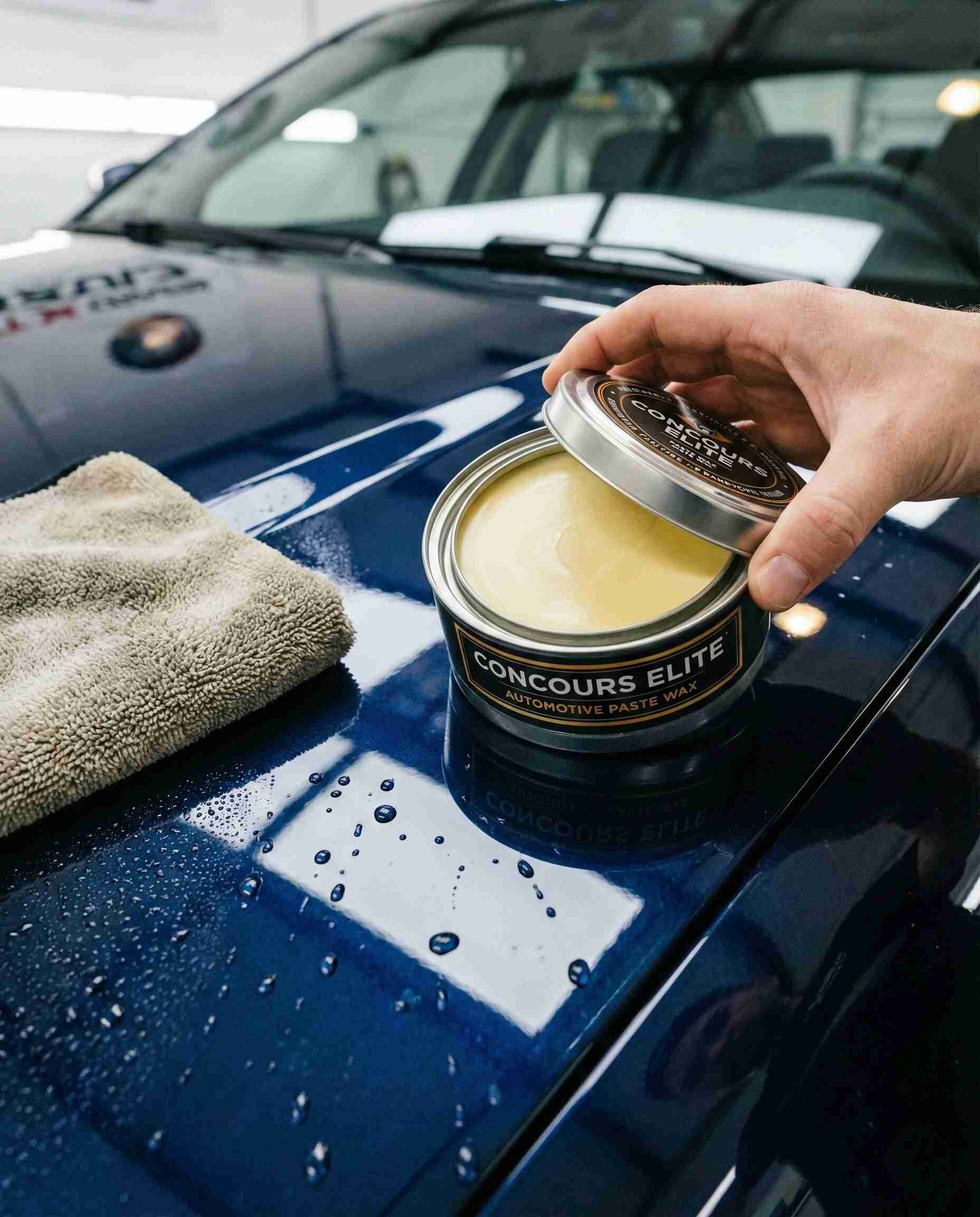 High-gloss car wax paste and polished surface, showcasing the use of Polysorbate 61 in industrial wax emulsions.