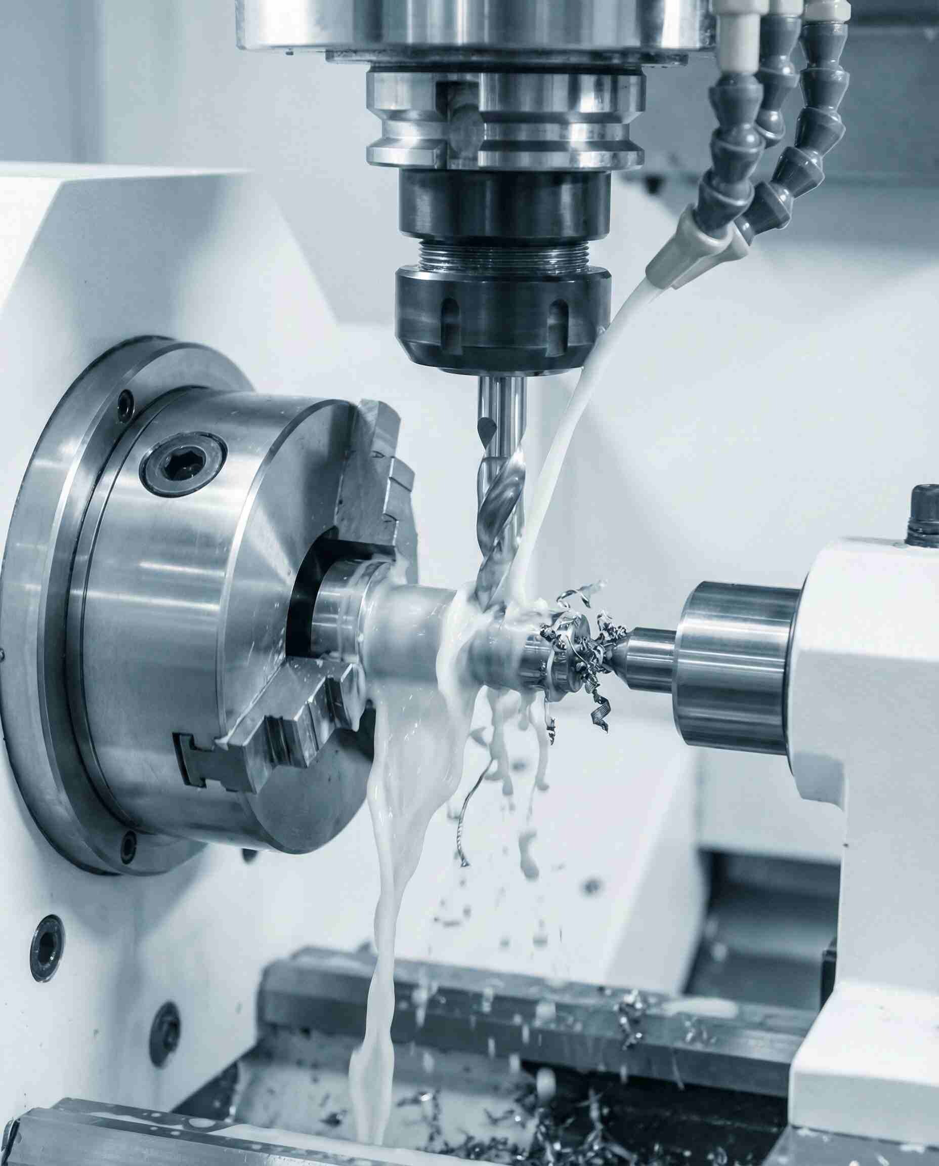 Milky white metalworking cutting fluid emulsion stabilized by Polysorbate 81, cooling a metal lathe.