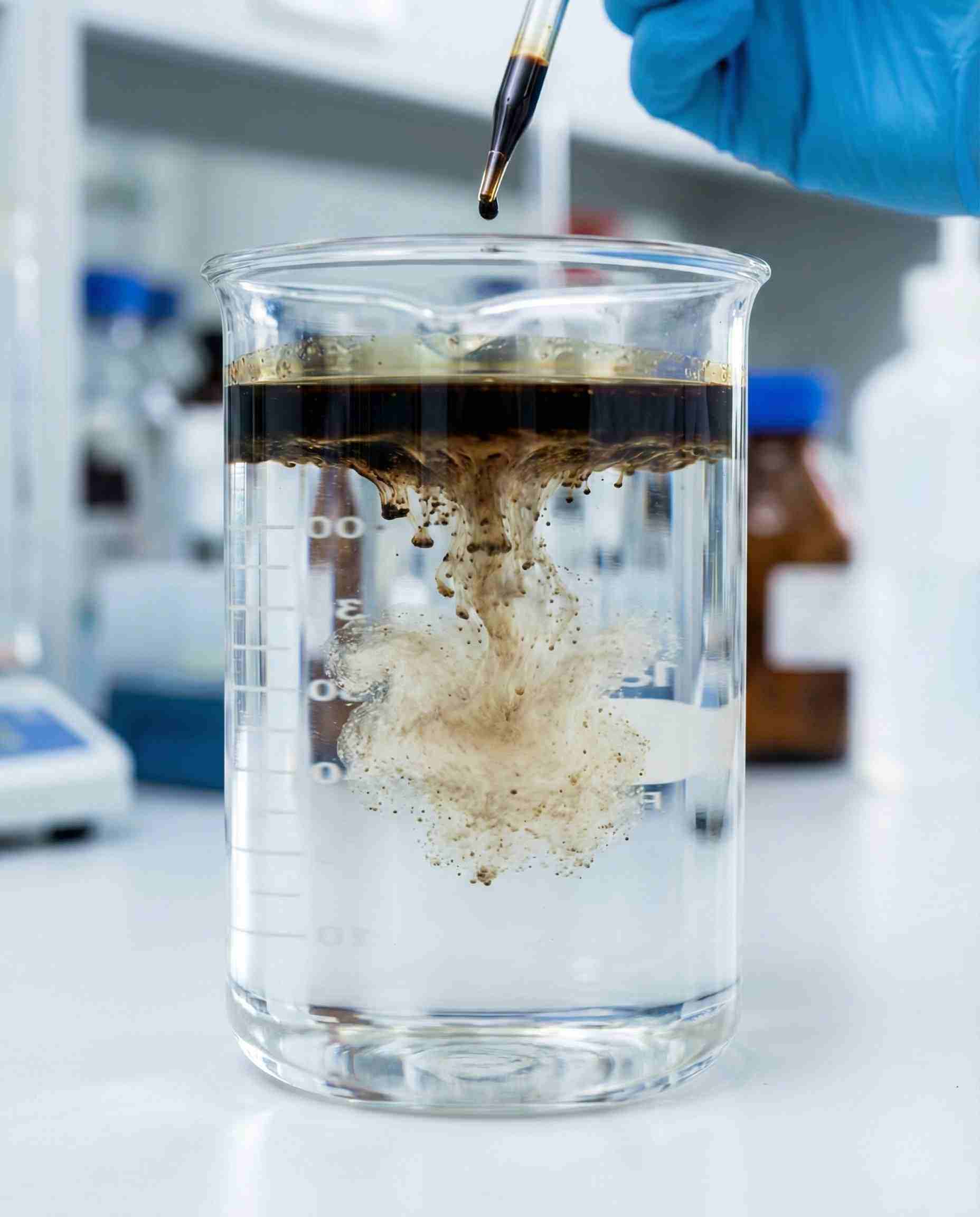 Laboratory demonstration of Polysorbate 85 breaking down a layer of oil into water, showcasing its dispersant properties.