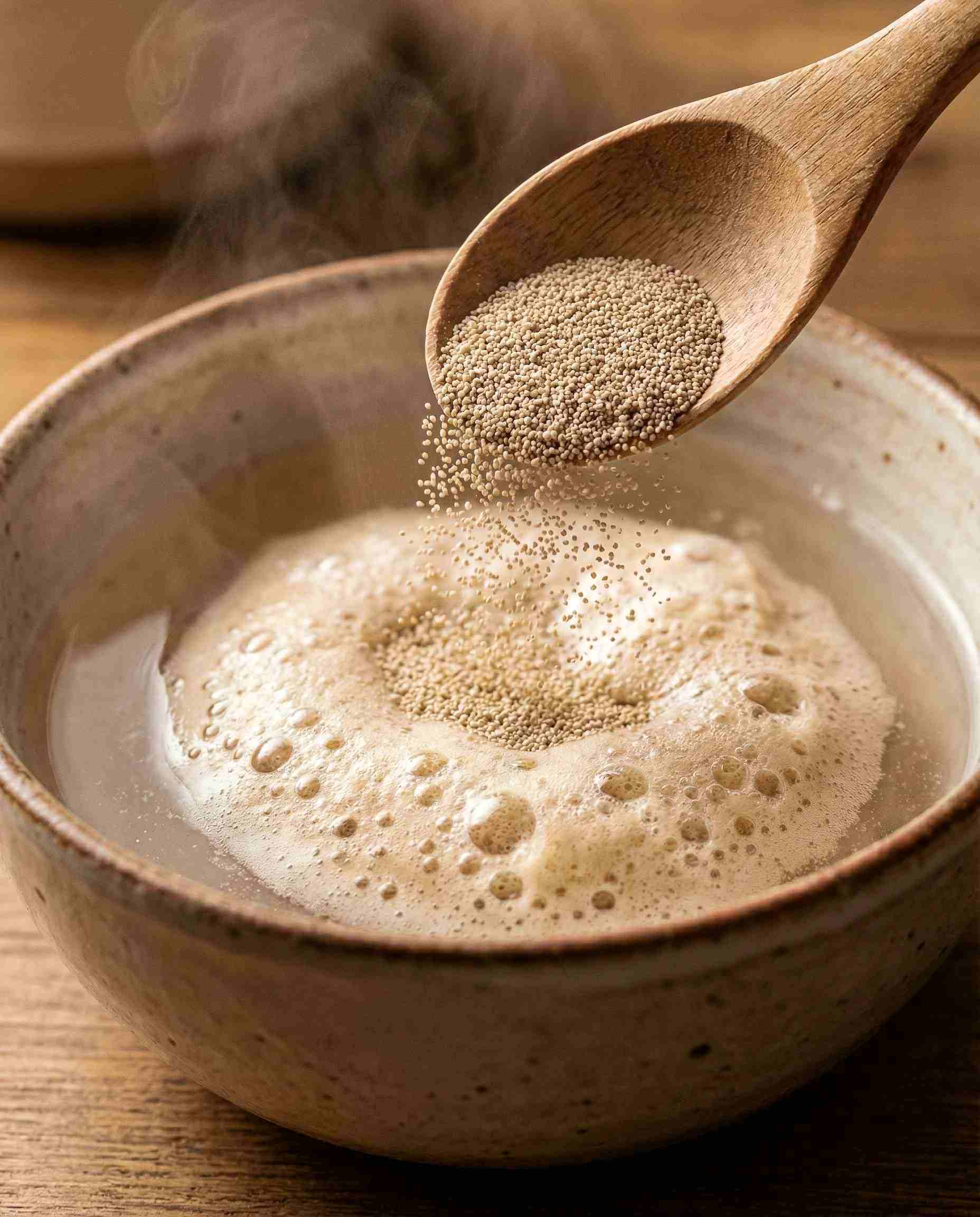 Instant dry yeast granules rehydrating in water, demonstrating the cell-protection properties of Sorbitan Monolaurate (Span 20).