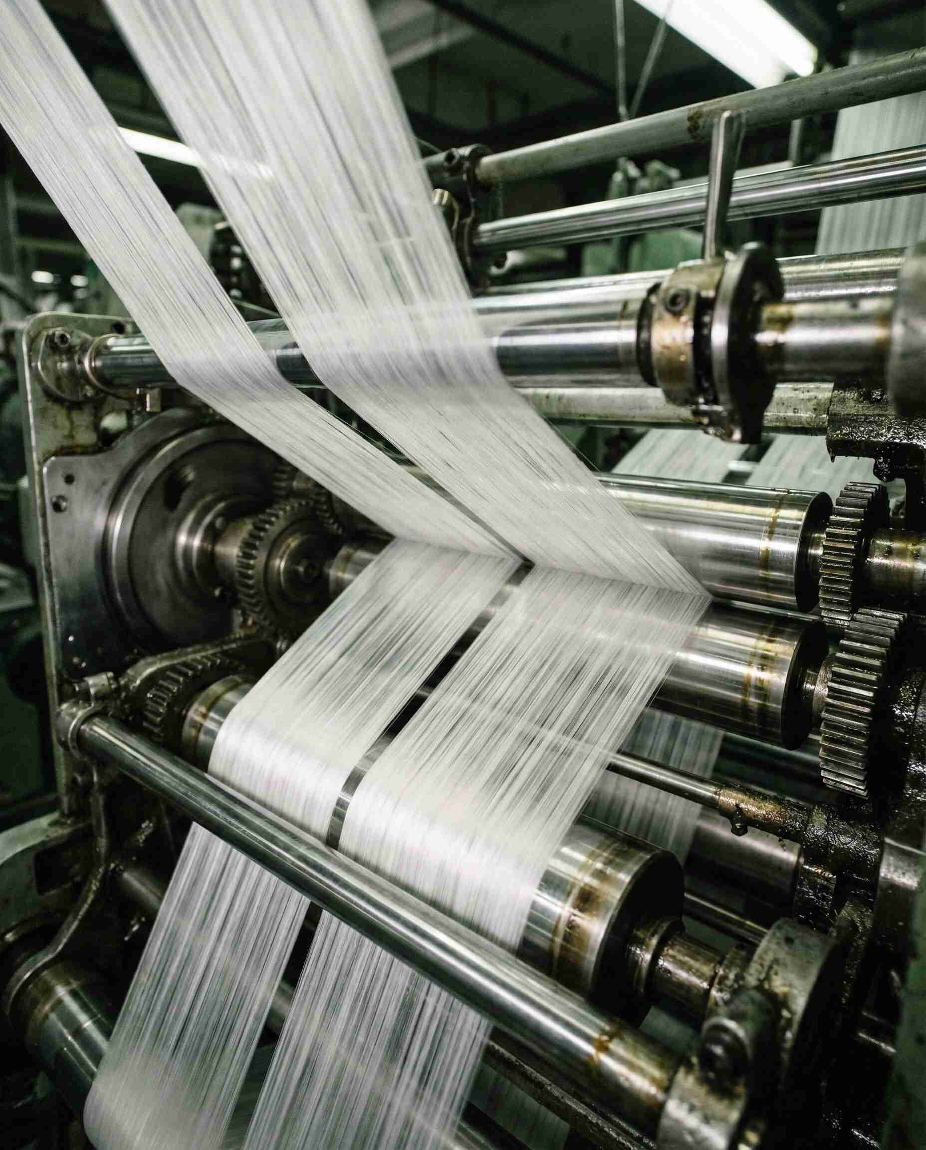 Smooth textile fibers running through machinery, demonstrating the antistatic and lubricating properties of Sorbitan Monooleate (Span 80).