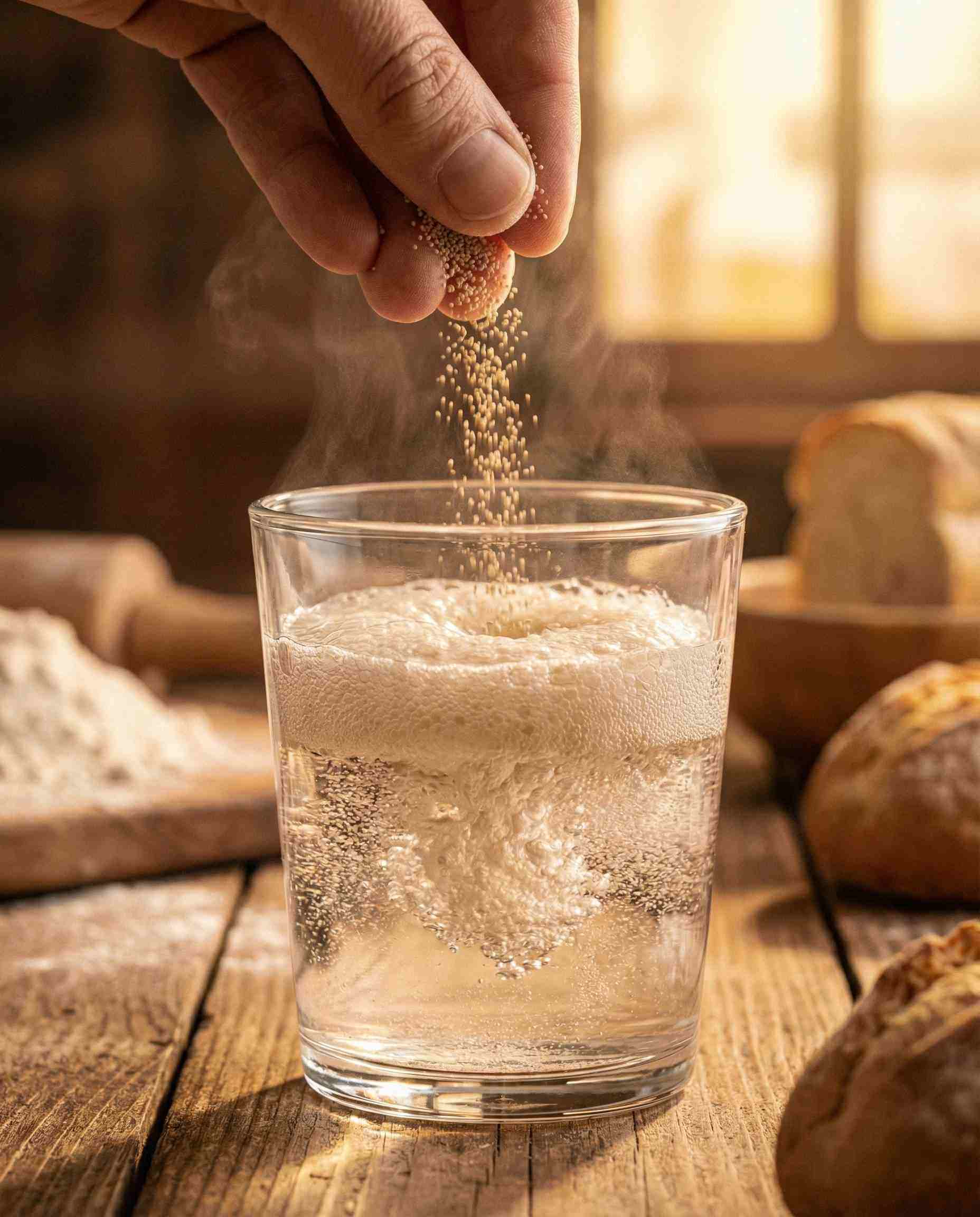 Instant dry yeast granules rehydrating in water, demonstrating the cell-protection function of Sorbitan Monostearate (Span 60).