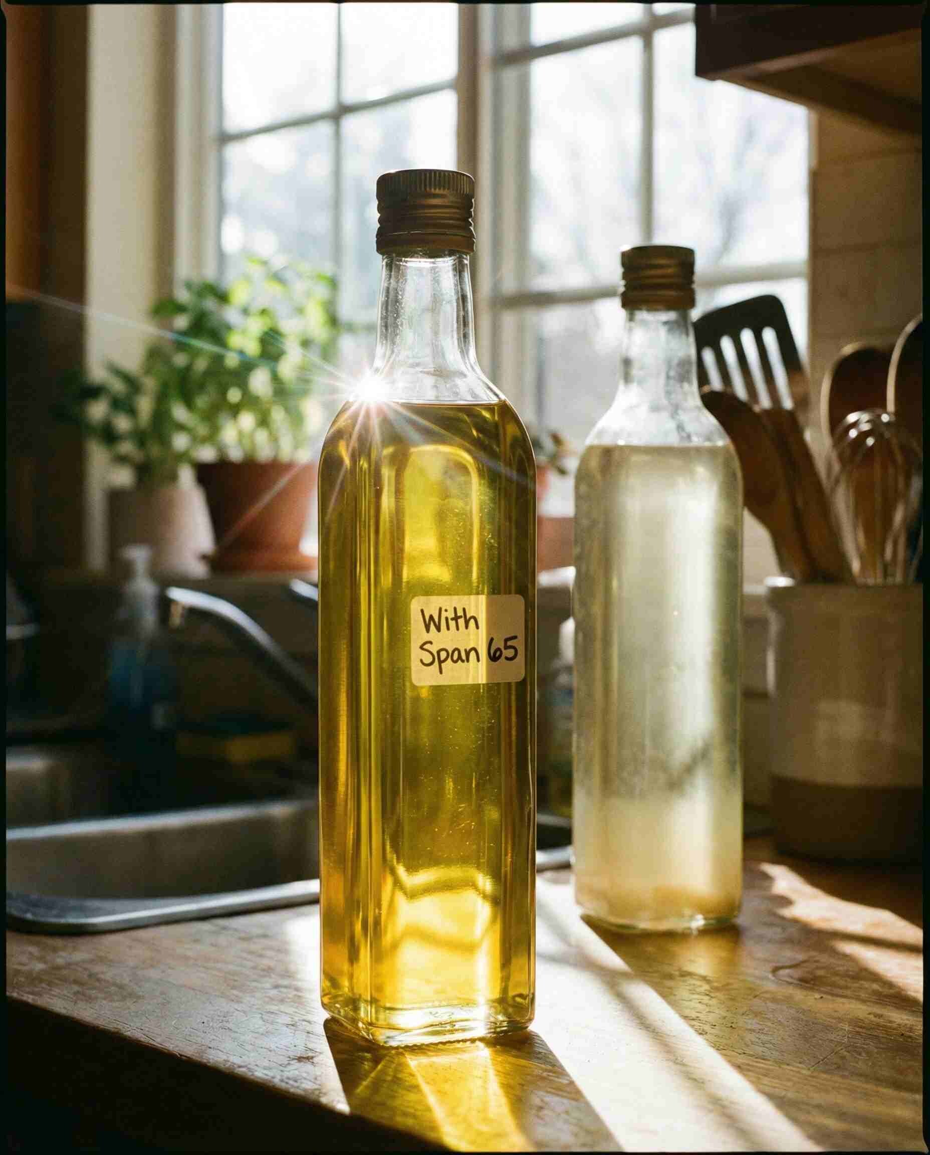 Crystal clear vegetable oil showing the anti-crystallizing and anti-clouding effect of Sorbitan Tristearate