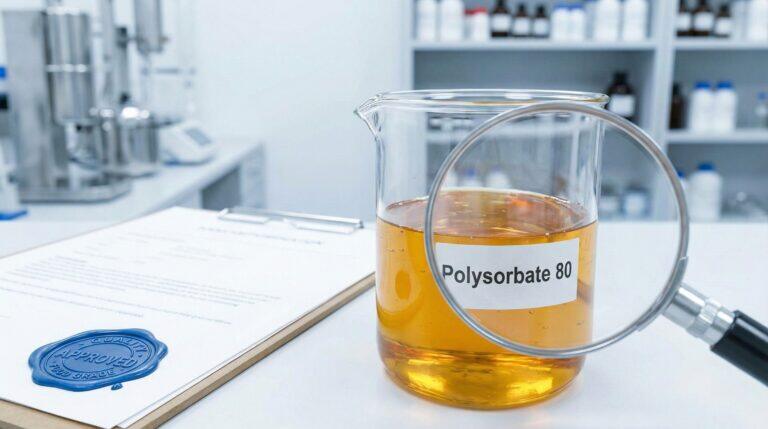 A close-up of a laboratory beaker containing golden Polysorbate 80 (E433) liquid, with a magnifying glass and compliance checklist in the background symbolizing Kosher certification verification