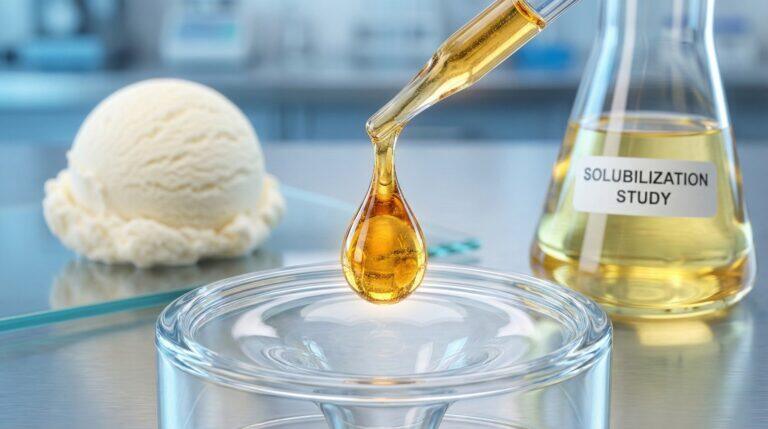 A close-up view of a precision pipette dispensing a golden drop of Polysorbate 80 (E433) in a food laboratory, illustrating precise dosage limits for applications like the ice cream and clear beverages shown in the background