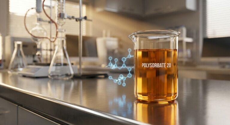 A detailed polysorbate 20 TDS visual showing its amber liquid form in a lab beaker, with its chemical structure illustrated for formulation engineers.