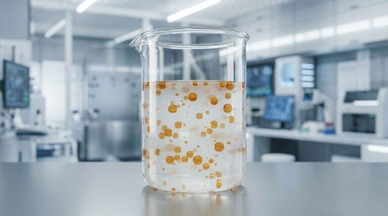 A lab beaker showing a stable emulsion, representing a successful polysorbate 60 substitute used in clean label food formulation.