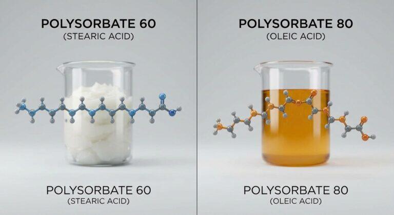A technical comparison of polysorbate 60 vs polysorbate 80, showing the straight molecular chain of P60 next to the kinked chain of P80, with their physical forms in the background.