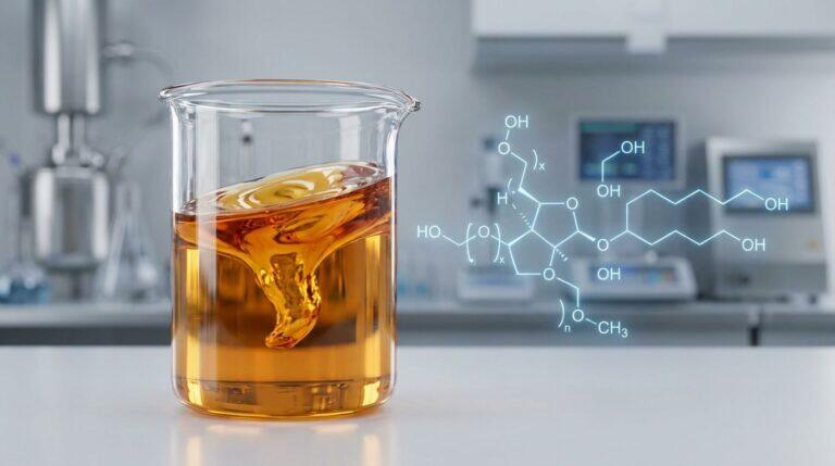 A 3D render showing a beaker of amber-colored Polysorbate 80 in a cosmetic lab, illustrating its use as a key ingredient in shampoo formulations.