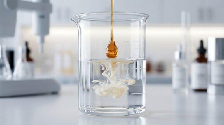 A close-up 3D render showing the emulsification process of a polysorbate 80 oil cleanser, with an amber drop creating milky swirls in a clear oil inside a lab beaker.