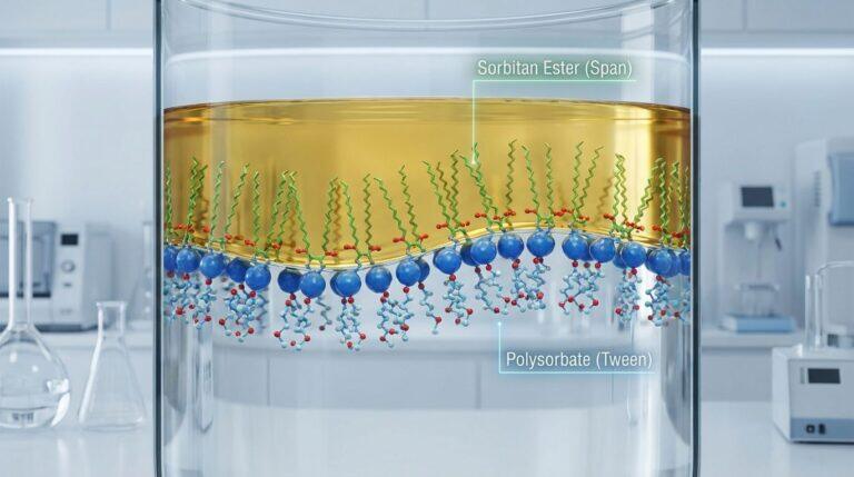 3D molecular model showing Sorbitan Esters and Polysorbates creating a stable emulsion at an oil-water interface, illustrating the HLB system.